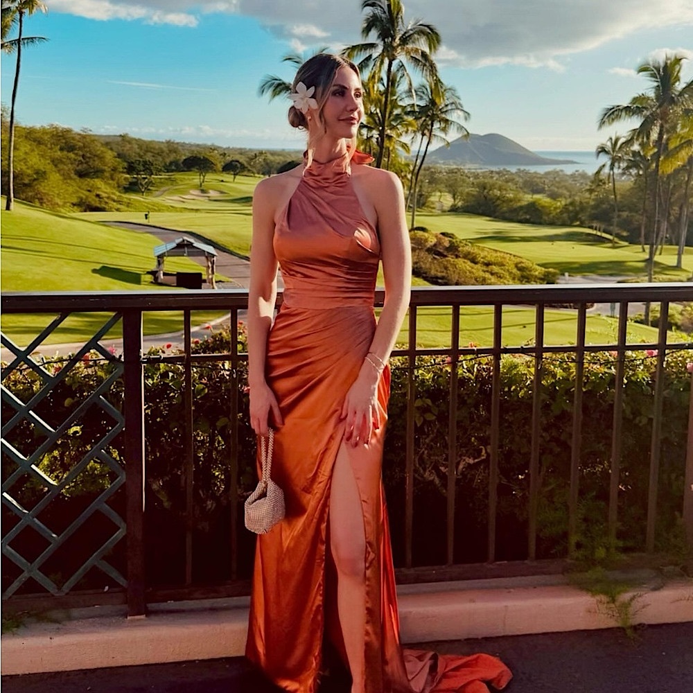 Elegant Satin Halter Dress in Copper